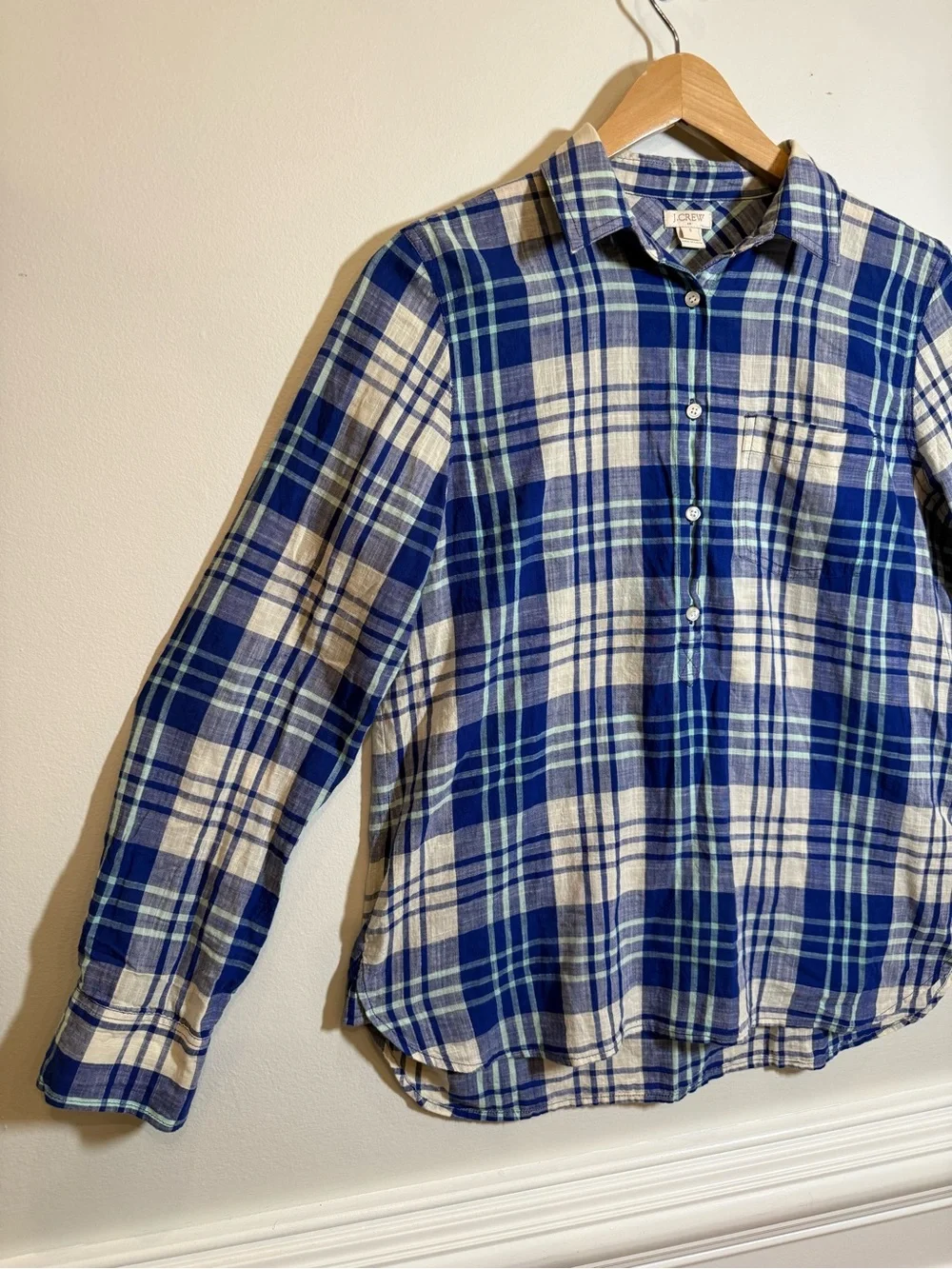 Blue Cream Plaid Cotton Popover Shirt Partial Button Placket Preppy Coastal Sz S
